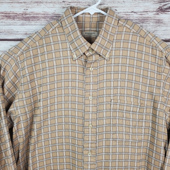 Burberry London Mens Large Tan Plaid Long Sleeve Button Down Dress Shirt    #128 - Picture 2 of 11